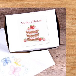 Sticker Carré Gâteau à la fraise aquarelle