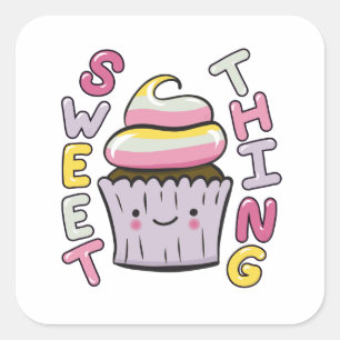 Sticker Carré Gâteau Cupcake Mignon Kawaii avec Texte
