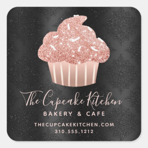 Sticker Carré Gâteau Cupcake Pailleté Rose Gold Chef Boulangerie