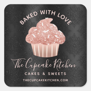 Sticker Carré Gâteau Cupcake Rose Noire Dorée Pailleté Cuisson A
