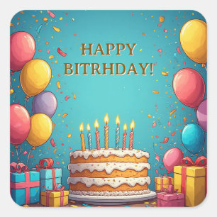 Sticker Carré Gâteau d'anniversaire avec bougies et ballons Fond