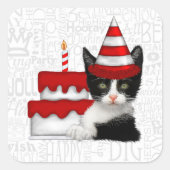 Sticker Carré Gâteau d'anniversaire avec chaton noir et blanc (Devant)