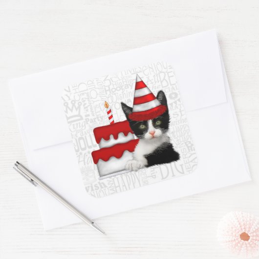 Sticker Carré Gâteau d'anniversaire avec chaton noir et blanc (Enveloppe)