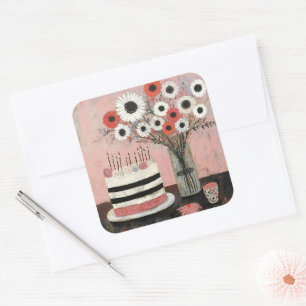Sticker Carré Gâteau d'anniversaire chic et fleurs de Gerbera