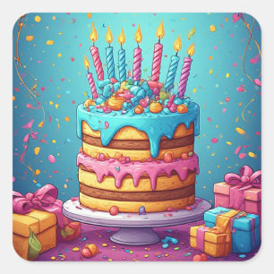 Sticker Carré 🎂 Gâteau d'anniversaire coloré et cadeaux 🎁