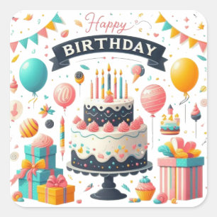 Sticker Carré Gâteau d'anniversaire joyeux et ballons