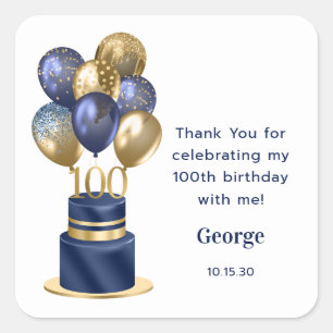 Sticker Carré Gâteau de ballon bleu marine pour 100e anniversair