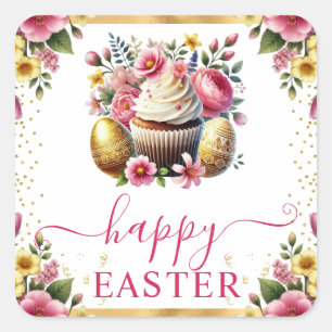 Sticker Carré Gâteau de Pâques Cupcake Fleurs de Printemps Aquar