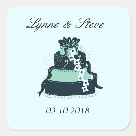 Sticker Carré Gâteau Mariage turquoise Enregistrer la date (Devant)