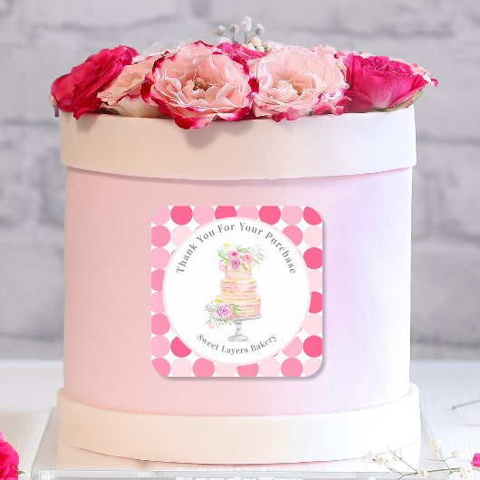 Sticker Carré Gâteau Merci Chic Couché Avec Boulangerie Rose