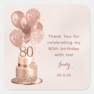 Sticker Carré Gâteau rose gold pour les 80 ans Remerciements