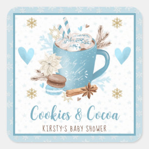 Sticker Carré Gâteaux de couleur bleue aquarelle et Baby Shower 