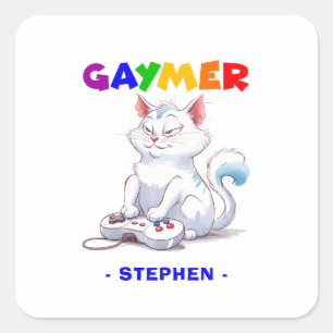 Sticker Carré Gaymer - Rainbow Gaming Cat avec console LGBTQ