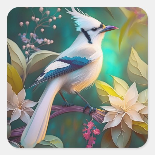 Sticker Carré Geai à ailes de sarcelle à touffe blanche oiseau d (Devant)