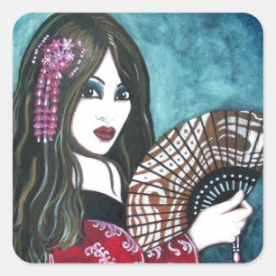 Sticker Carré Geisha avec Fan