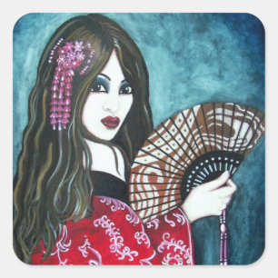 Sticker Carré Geisha avec Fan