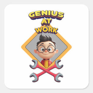 Sticker Carré génie travail drôle réparation geek ordinateur ani