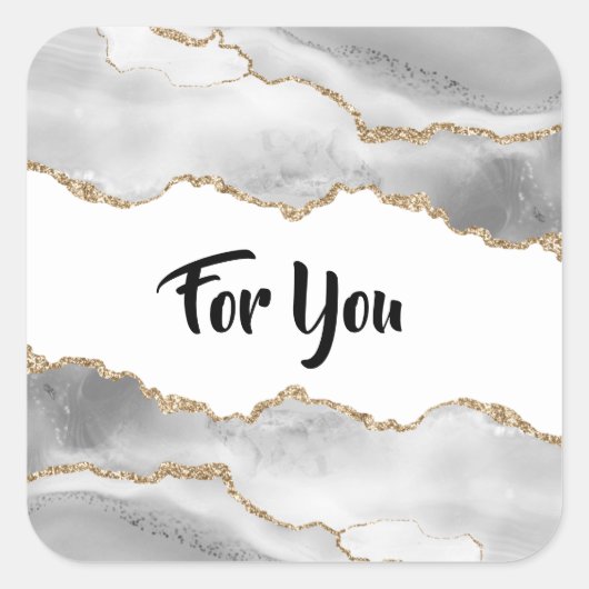 Sticker Carré Géode aquarelle blanc faux or agate élégant (Devant)