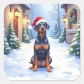 Sticker Carré German Pinscher Snowy Courtyard Santa Hat (Devant)