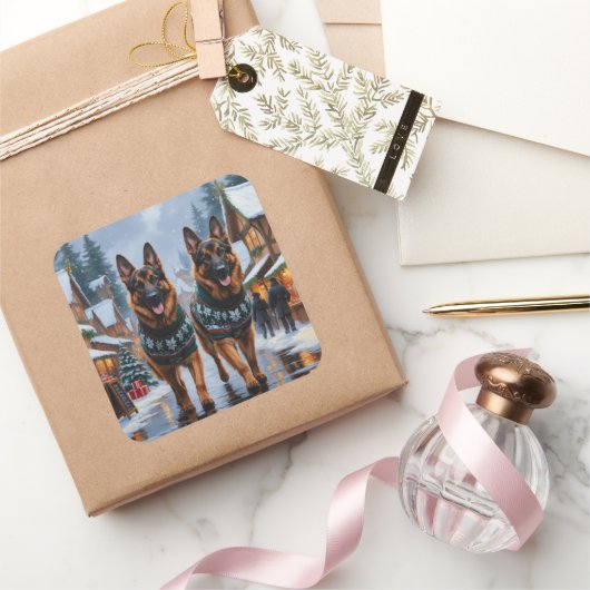 Sticker Carré German Shepherd Dogs Christmas Snow Holiday (Cadeaux)