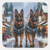 Sticker Carré German Shepherd Dogs Christmas Snow Holiday (Devant)