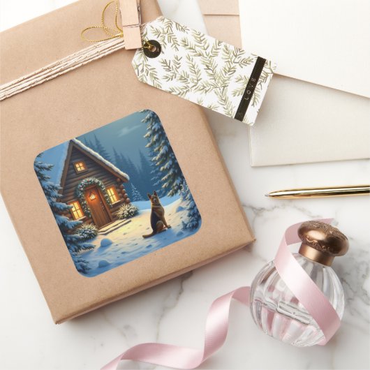Sticker Carré German Shepherd Snowy Forest Cabin Christmas Paint (Cadeaux)