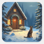 Sticker Carré German Shepherd Snowy Forest Cabin Christmas Paint (Devant)