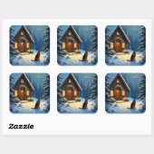 Sticker Carré German Shepherd Snowy Forest Cabin Christmas Paint (Feuille)