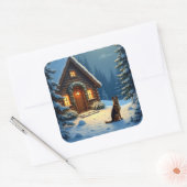 Sticker Carré German Shepherd Snowy Forest Cabin Christmas Paint (Enveloppe)