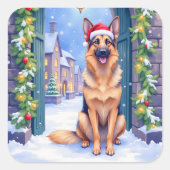 Sticker Carré German Shepherd Snowy Town Gate Santa Christmas (Devant)