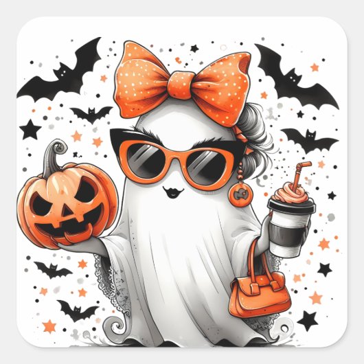 Sticker Carré Ghost d'Halloween drôle (Devant)