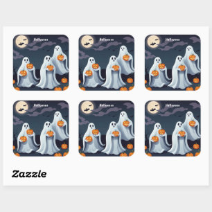 Sticker Carré Ghosts adorables tenant des Citrouilles sous une P