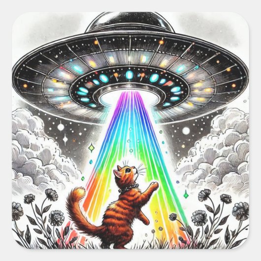 Sticker Carré Ginger Kitty et OVNI (Devant)