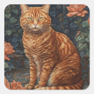 Sticker Carré Ginger Tabby Chat et Roses