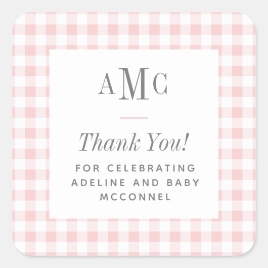 Sticker Carré Gingham Monogramme Rose et Blanc Merci (Devant)