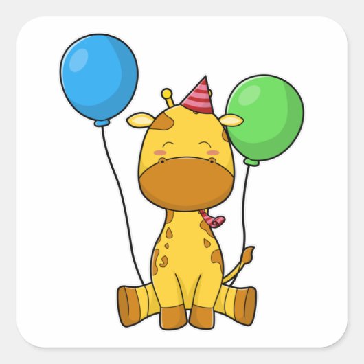 Sticker Carré Girafe à l'anniversaire avec ballons (Devant)