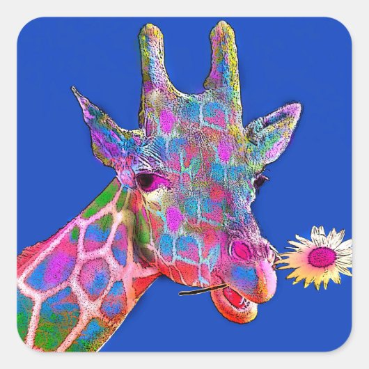 Sticker Carré Girafe de beaucoup de couleurs avec fleur (Devant)
