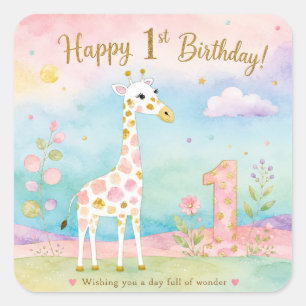Sticker Carré Girafe Fantaisiste Premier Anniversaire Merveilleu