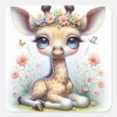 Sticker Carré Girafe Fille Bébé Avec Fleurs Roses (Devant)