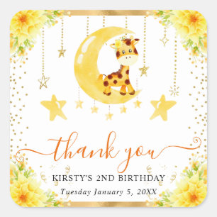 Sticker Carré Girafe Florale Mignonne Anniversaire Aquarelle