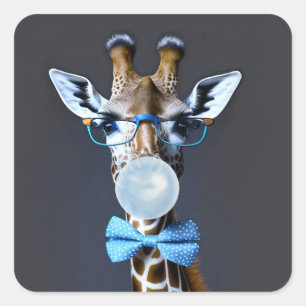 Sticker Carré Girafe portant des lunettes, arc cravate soufflant