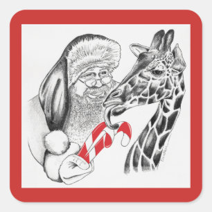 Sticker Carré Giraffe de Noël et Père Noël