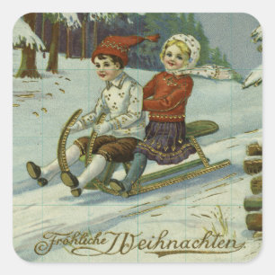 Sticker Carré Girl and boy enjoy a sleigh ride illustration