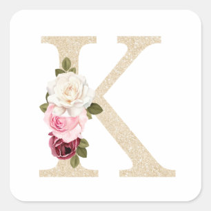 Sticker Carré Girl Faux Gold parties scintillant Floral Letter K