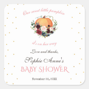 Sticker Carré Girl Little Citrouille Bourgogne Baby shower flora
