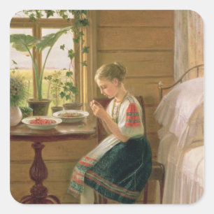 Sticker Carré Girl Peeling Berries, 1880