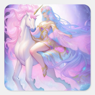 Sticker Carré Girl Riding a Unicorn