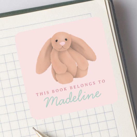 Sticker Carré Girls Cute Bunny “This Book Belongs” Bookplate