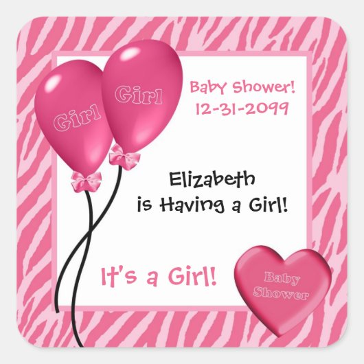 Sticker Carré Girly rose Zebra Imprimer Baby shower fille (Devant)