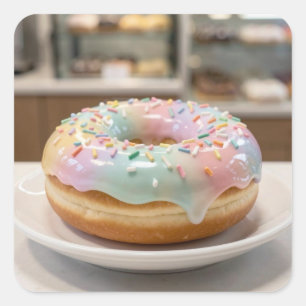 Sticker Carré Glaçage de Verre Pastel Fantaisiste Donut Brillant